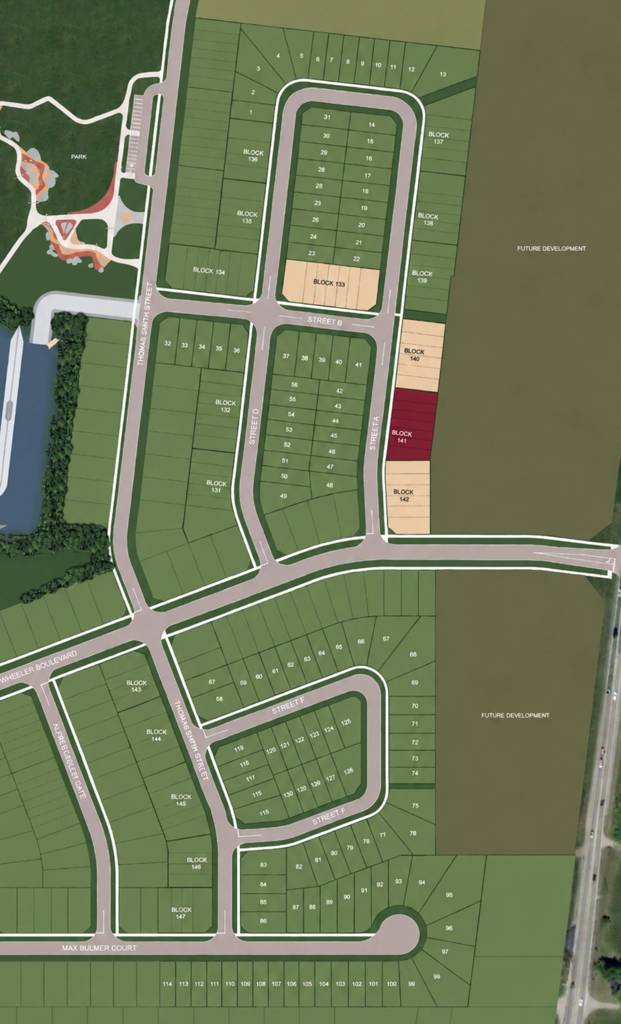 Supplied community site plan showing the arrangement of streets, blocks and future development areas