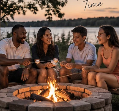 Friends gathered around a fire in the evening