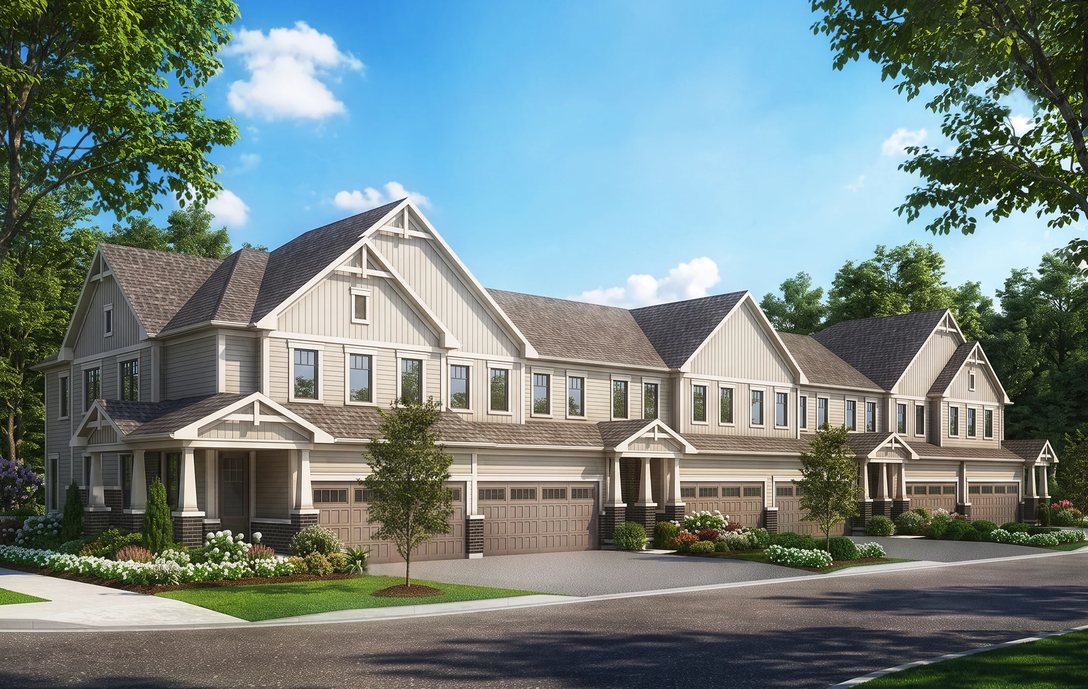 Artist’s rendering of Liora’s two-storey townhomes with two-car garages and landscaped front gardens